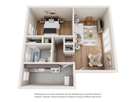 Floor plan for 1 bed, 1 bath, 579 sqft